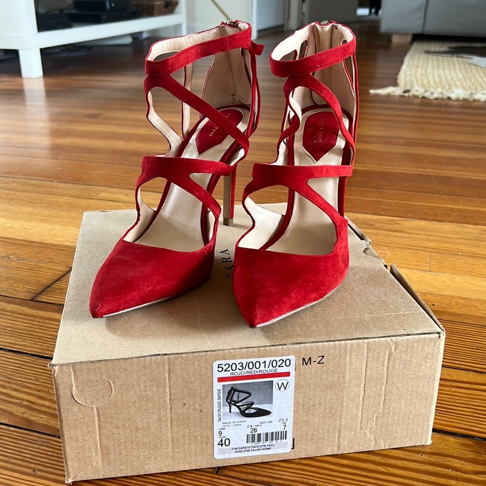 Red suede strappy closed toe heels